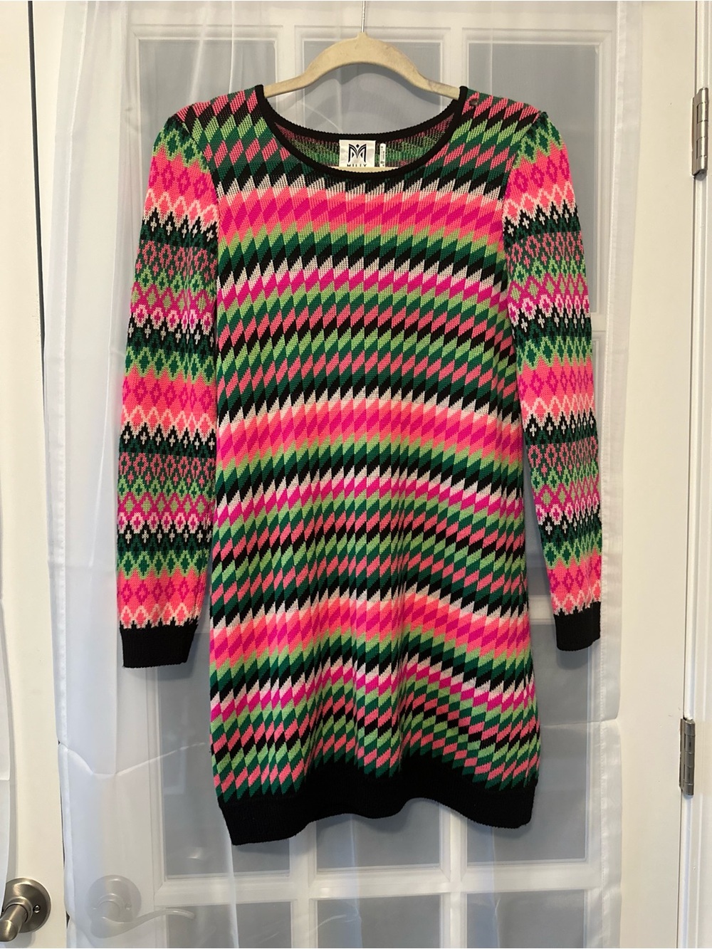 Milly Minis 100% Merino Wool Fair Isle Sweater Dress Pink Green Girls XL - 12 14